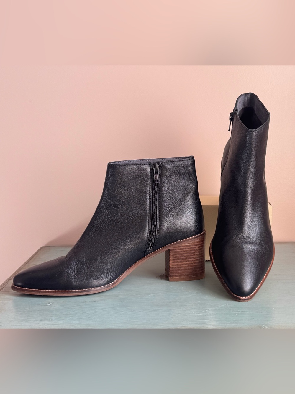 Seychelles Black Leather Ankle Booties with Stacked Wood Heel EUC
